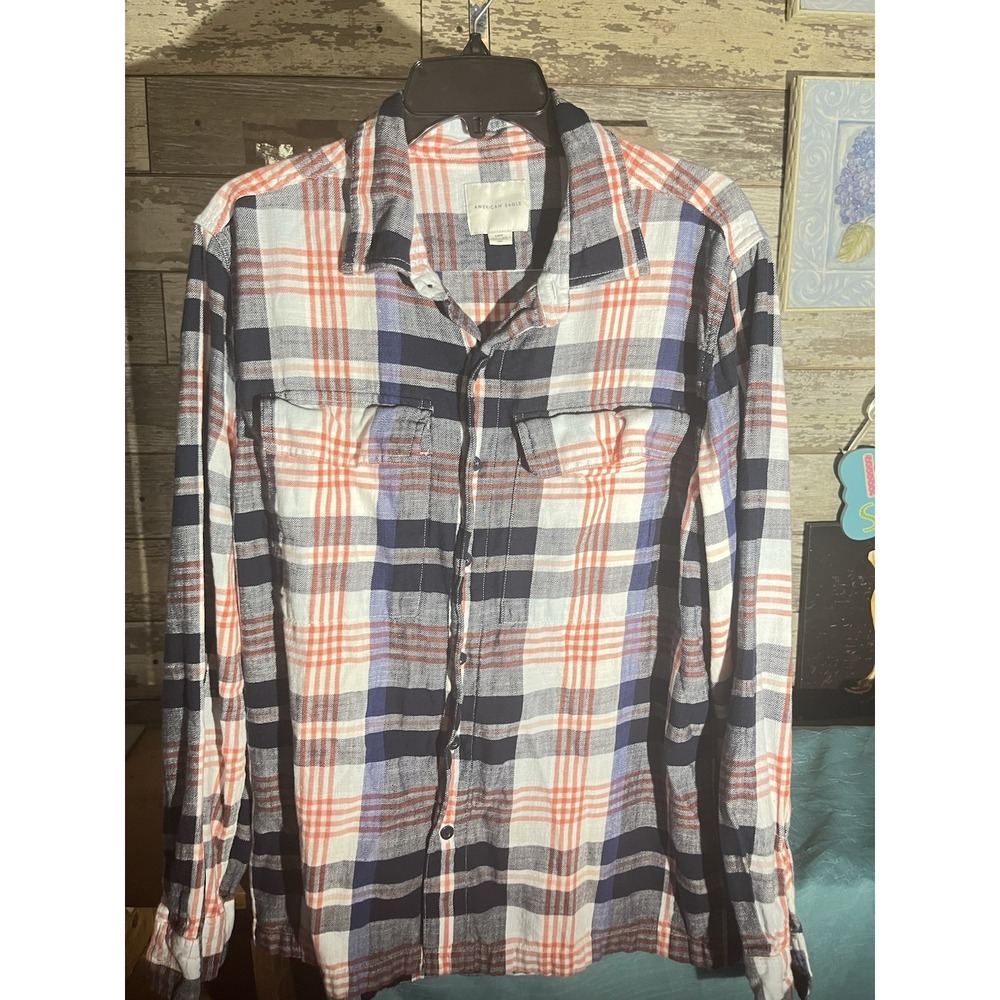 American Eagle Super Soft Plaid Flannel Shirt Mens Large Navy Blue L/G